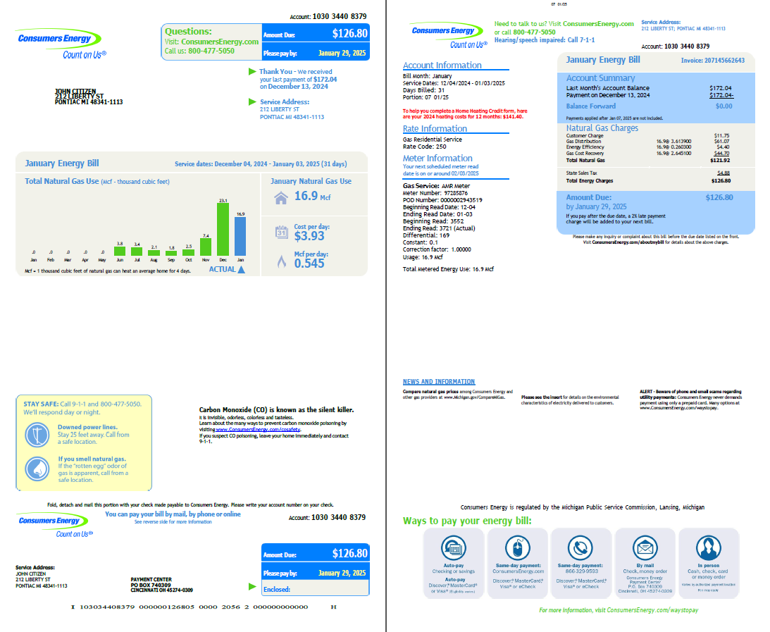 USA Consumers Energy utility bill template in Word and PDF formats, 2 pages, vesion 3